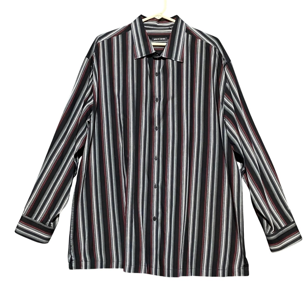 Pierre Cardin Y2K Mens XXL Long Sleeve Striped Button Down Shirt Black Red Grey